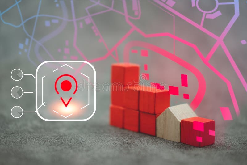 Location pin icon with map and home. Concept of finding a home to buy or rent. Search for housing options stock photos