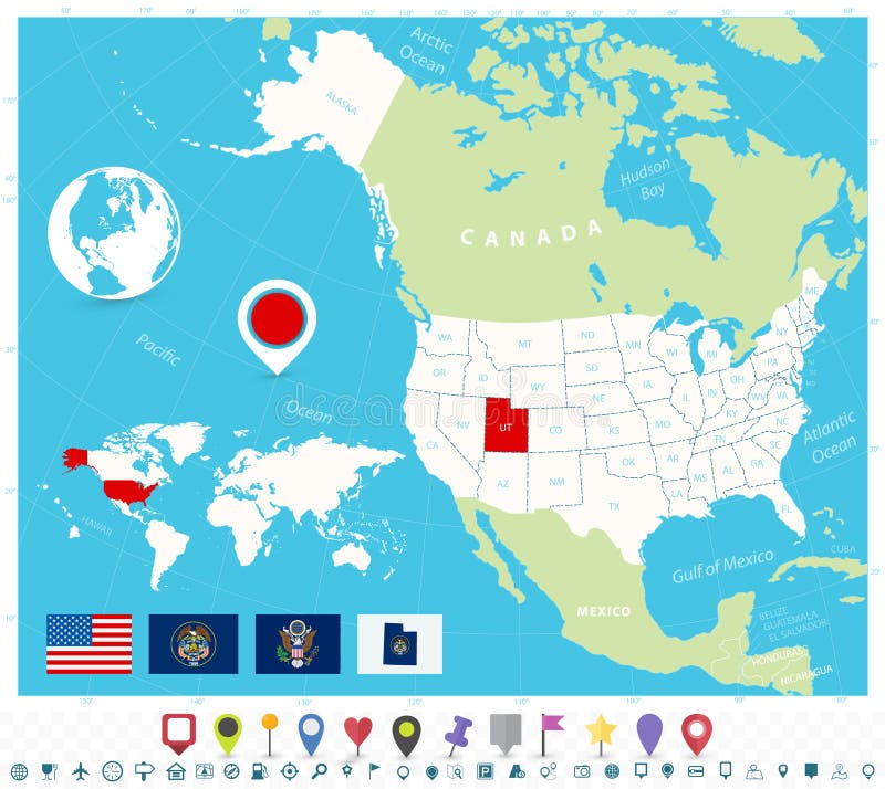Utah On World Map Location Of Utah On Usa Map With Flags And Map Icons Stock Vector -  Illustration Of Gray, Design: 165028772