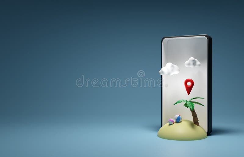 Locație hartă 3d și insulă și smartphone. concepția 3d privind călătoriile în vară 3d cu ilustrații de randare 3d. royalty free illustration