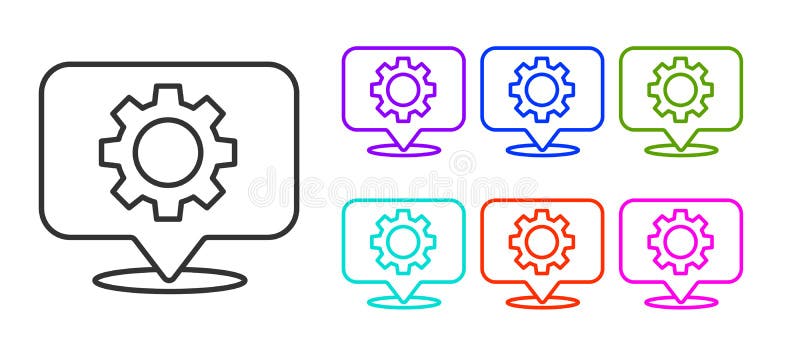 Locație linie neagră cu pictograma uneltei izolată pe fond alb. setați pictograme colorate. ilustrare vectorială royalty free illustration