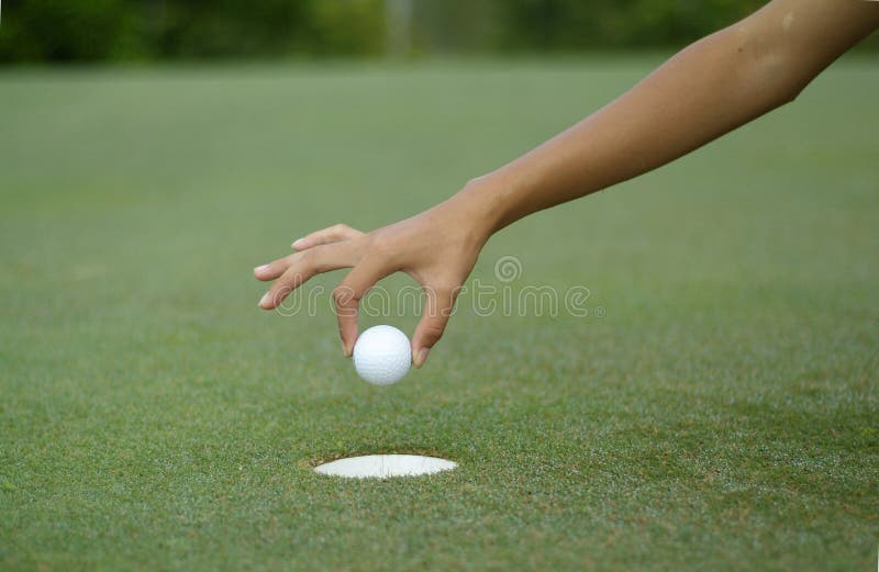 Hand dropping a golf ball into the hole. Hand dropping a golf ball into the hole