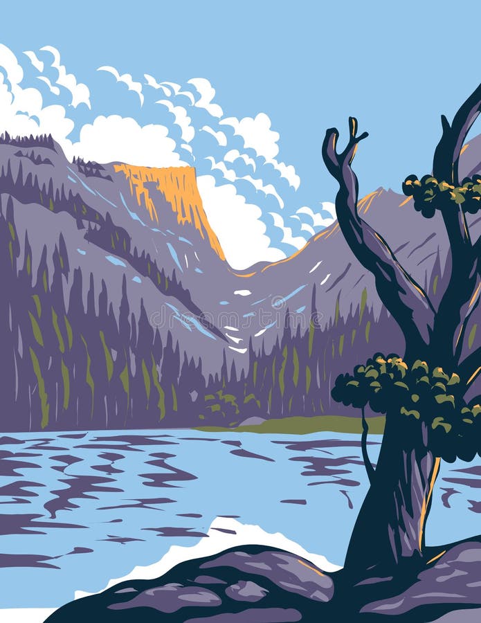 Loch Lake i bergsnationalparken i bergsområden framför bergsbergen i den norra koloradappaffischen stock illustrationer Loch Lake i bergsnationalparken i bergsområden framför bergsbergen i den norra koloradappaffischen stock illustrationer