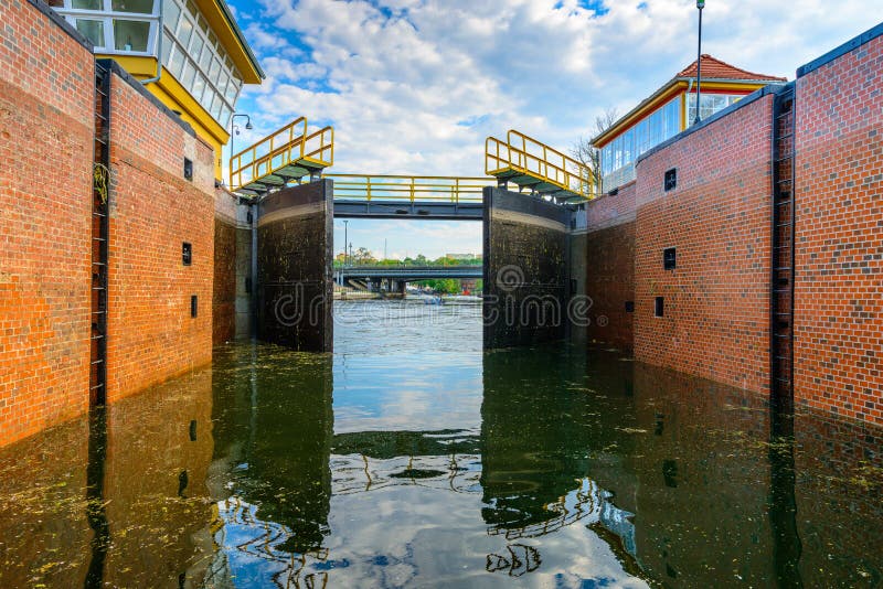 Lock gates of the water dam in river