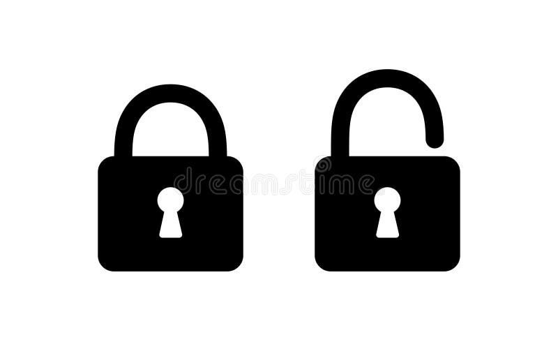 Lock icon. Unlock open lock. Padlock symbol password. Black private sign isolated on white background. Closed lock. Code safety. S stock illustration