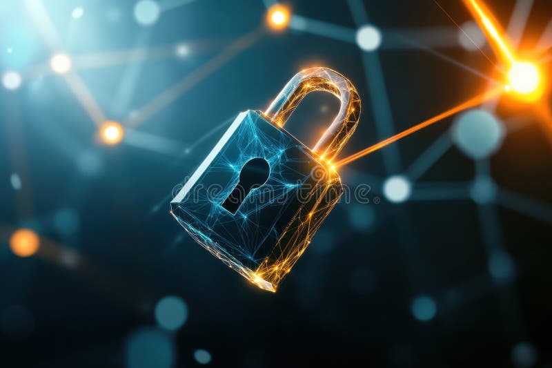 A lock with a key is suspended in the air, complex and intricate system royalty free stock photo