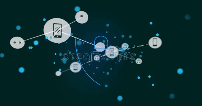 Lock and shield icon with connected media icons, cybersecurity image stock illustration