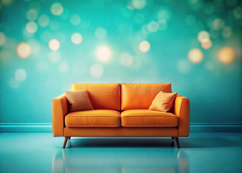 Locka apelsinsofa från en turkosmur en tiltshift 3d-rendering av ett stilfullt vardagsrum royaltyfri illustrationer