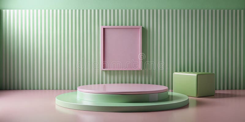 Lockande pastellmat med elegant plattform för produktmarknadsföring med en modern grön catpromenad på en rosa randig yta vektor illustrationer