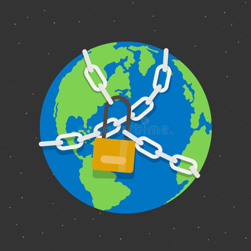 Lockdown concept with the globe world that has Chained and locked