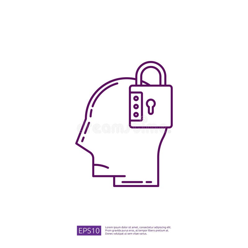 Locked Head Icon. Secure Data Privacy, Password Protection, Digital Security, Brain Safety, Encryption Concept vector illustration