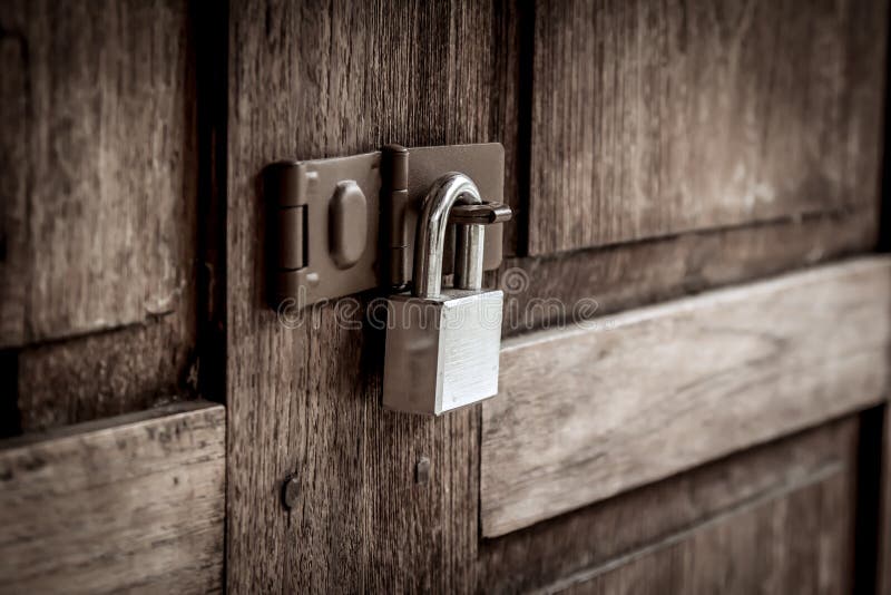 Locked Wooden Door with Silver Padlock Stock Photo Image of closeup