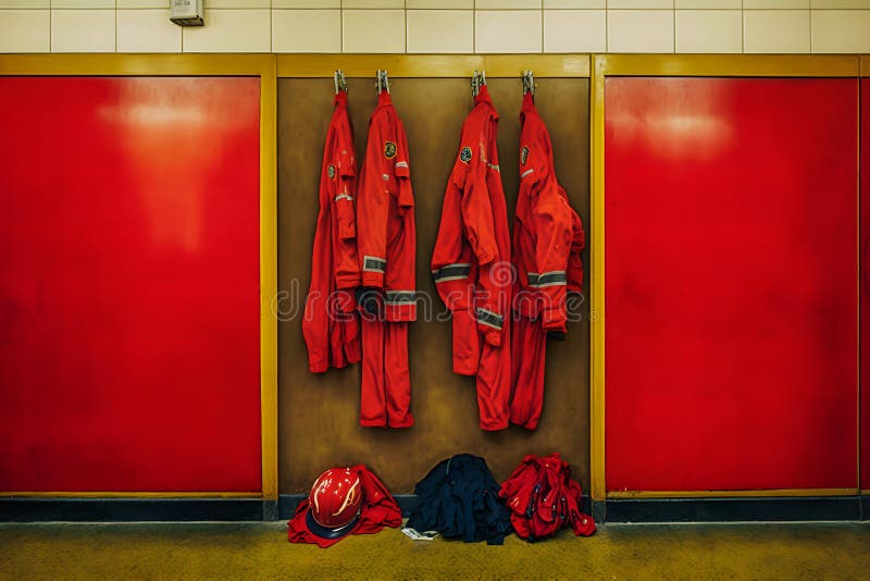 Locker Room of a Fire Department with Protection Uniforms and Helmets