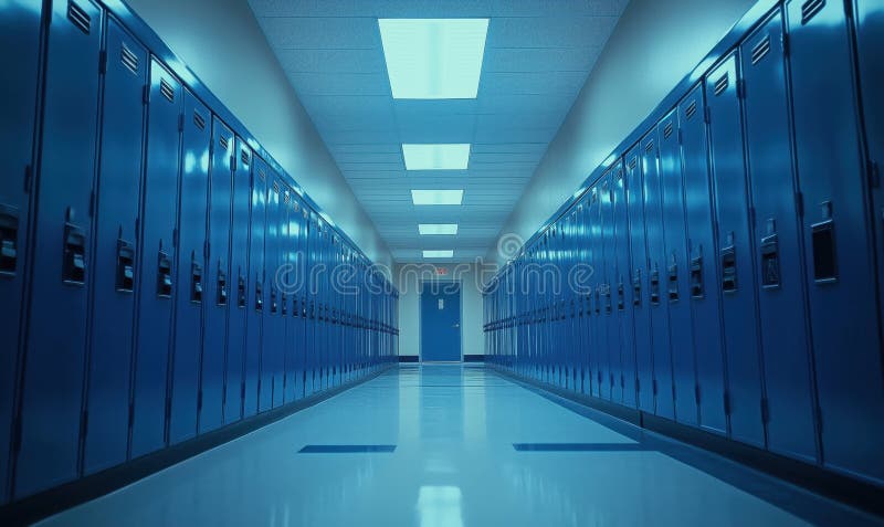 Lockers de l'école bleue dans le couloir avec éclairage lumineux et sols propres.