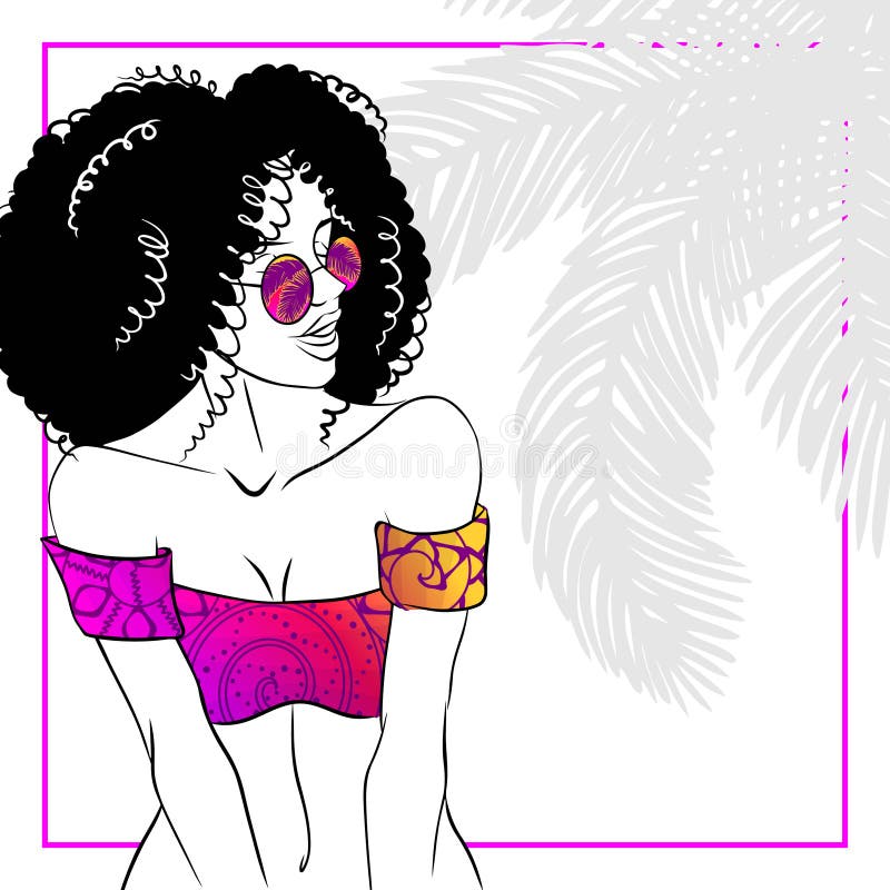 Lockig haired kvinna i bikini royaltyfri illustrationer