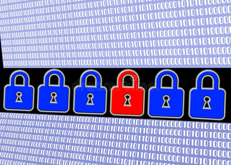 Illustrated pad locks and binary code background. Bluish binary code stock images, royalty-free photos and pictures