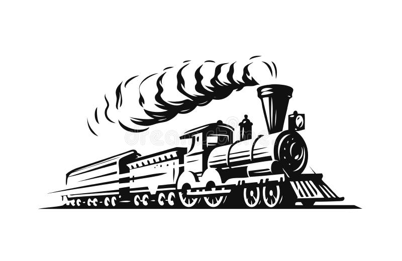 Locomotora de vapor retro móvil. emblema de tren vintage o ilustración vectorial de símbolo