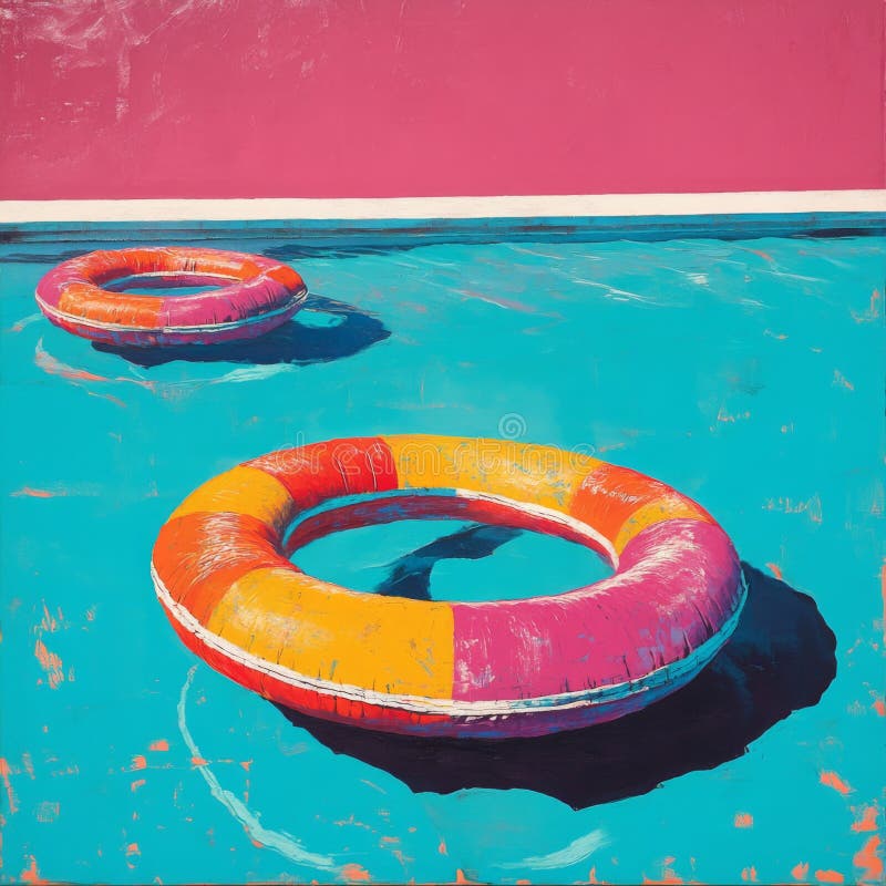 Locul în care se află piscina vibrantă cu inele colorate gonflabile pe apa de apă royalty free stock image
