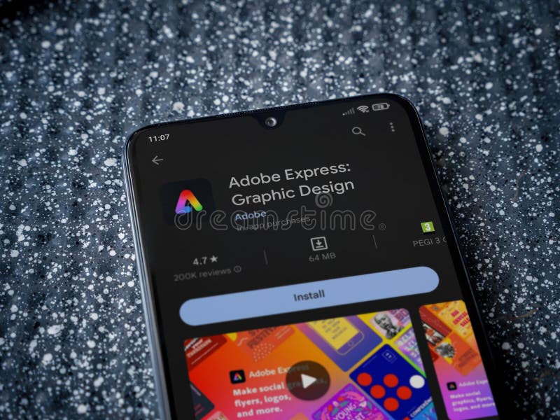 Adobe Express - Graphic Design app play store page on smartphone on a metallic background