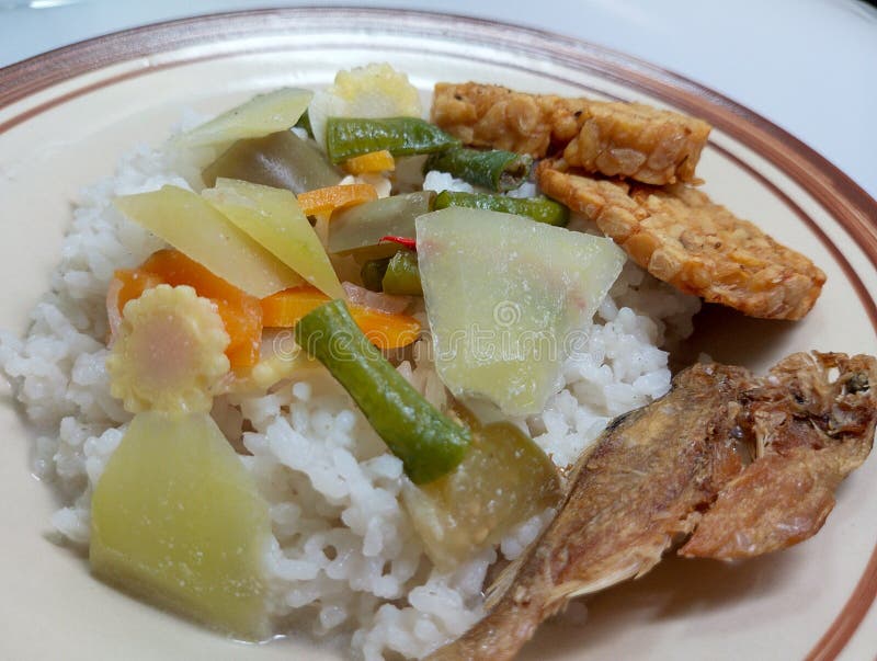 Asian food vegetable lodeh with rice, tempe, salted fish photographed closeup. Asian food vegetable lodeh with rice, tempe, salted fish photographed closeup