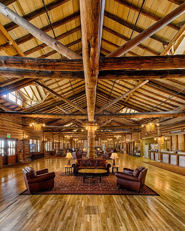 Lobby of the historic Lake Lodge in Yellowstone National Park, Wyoming. Lobby of the historic Lake Lodge in Yellowstone National Park, Wyoming