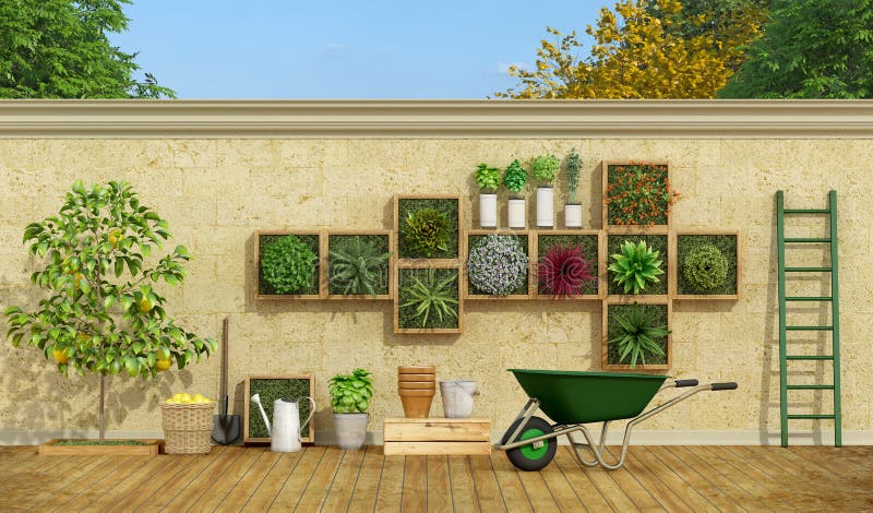 Lodlinjeträdgård på stenväggen vektor illustrationer