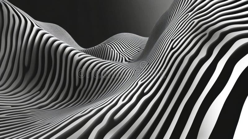 Lodräta monokroma linjer skapar en surreal vågliknande bildning i en abstrakt illusion stock illustrationer