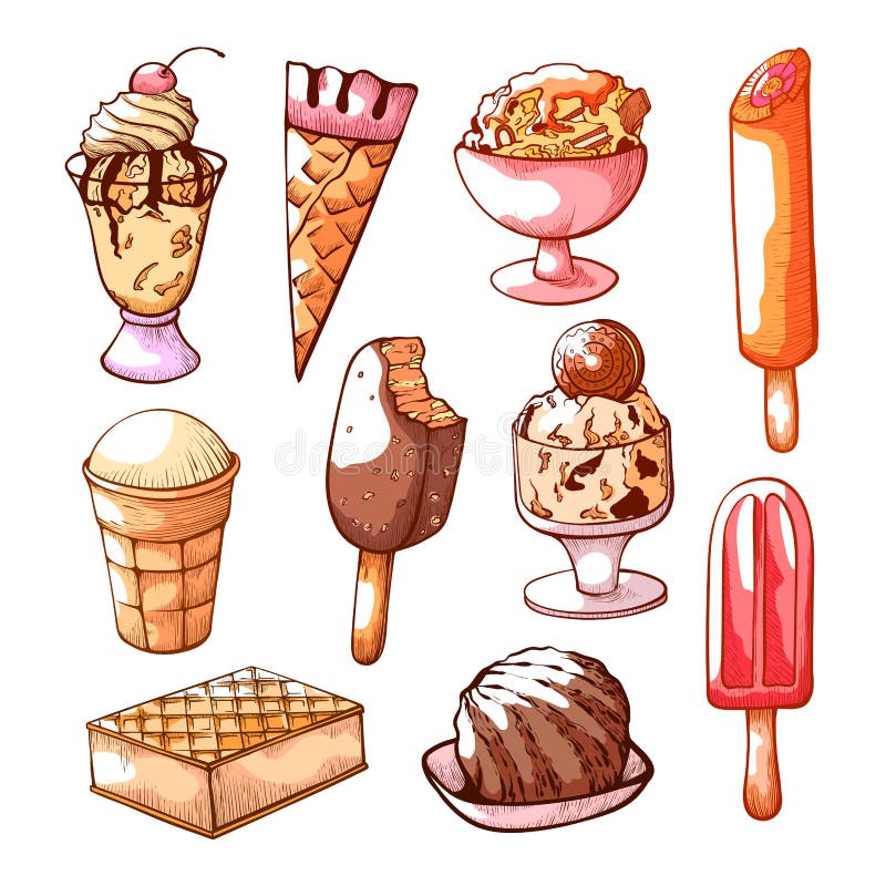 Lody i deserowa ręka rysujący set ilustracja wektor Lody i deserowa ręka rysujący set ilustracja wektor