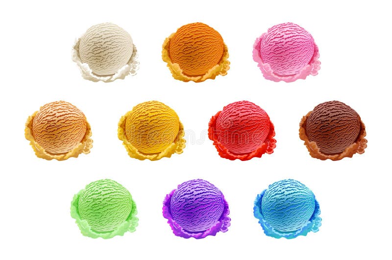 Lody łyżkuje 10 set różni kolory i smaki z jagod, dokrętek i owoc dekoracją odizolowywającą na białym tła vec, ilustracji Lody łyżkuje 10 set różni kolory i smaki z jagod, dokrętek i owoc dekoracją odizolowywającą na białym tła vec, ilustracji