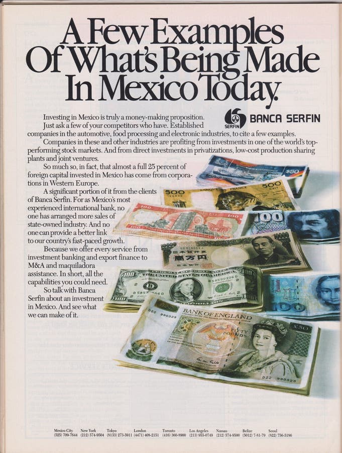 Poster advertising Banca Serfin in magazine from 1992, A few examples of what`s being made in Mexico today slogan stock images Poster advertising Banca Serfin in magazine from 1992, A few examples of what`s being made in Mexico today slogan stock images