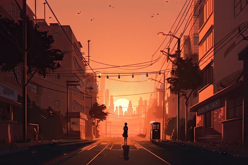 Lofi City Street, with View of the Sunset, and Silhouettes of People ...
