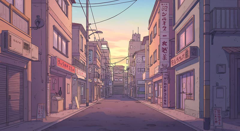 A lofi street scene in an anime manga style during sunset with a low angle background composition - generated using ai royalty free illustration