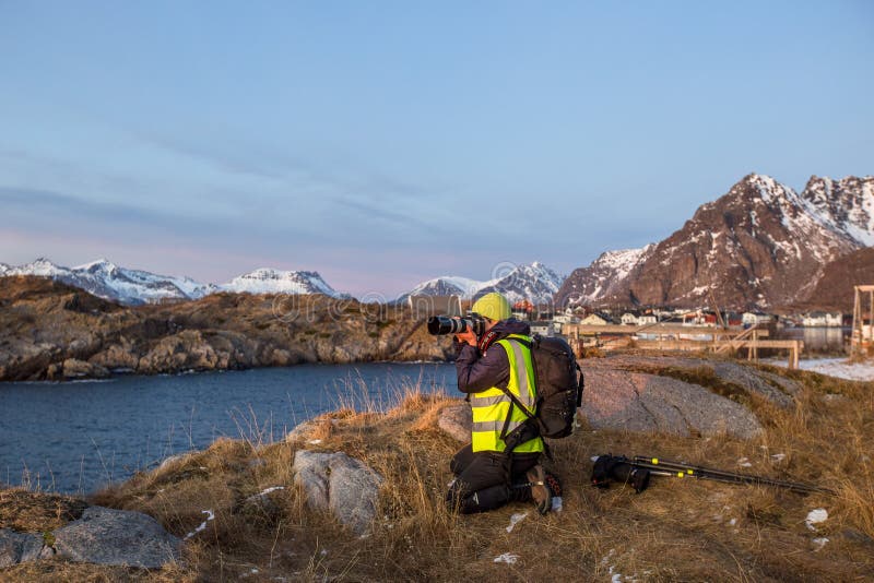 Lofoten Norway Mars 12 2020 Photographer Woman Photographs The