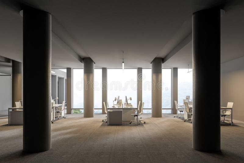 Loft gray office with columns. View of a large gray wall office interior with a concrete floor, columns and rows of computer tables. 3d rendering mock up