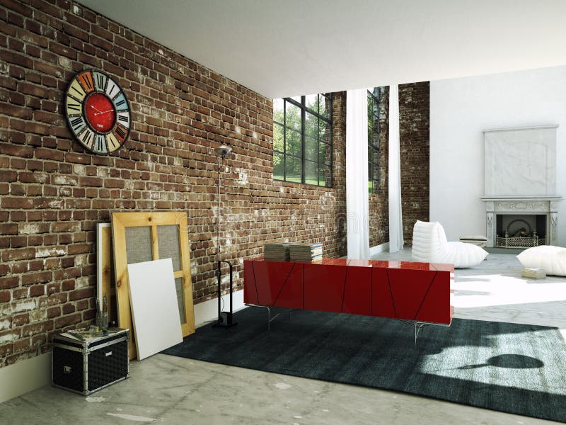 Loft interior with brick wall and coffee table. 3d