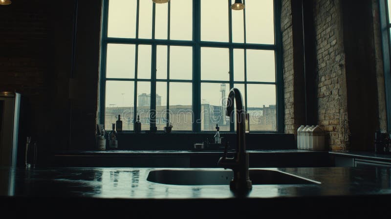 Loft Kitchen Okno Widok Elegancki Projekt Ciemny Moody Wyszukany obrazy stock