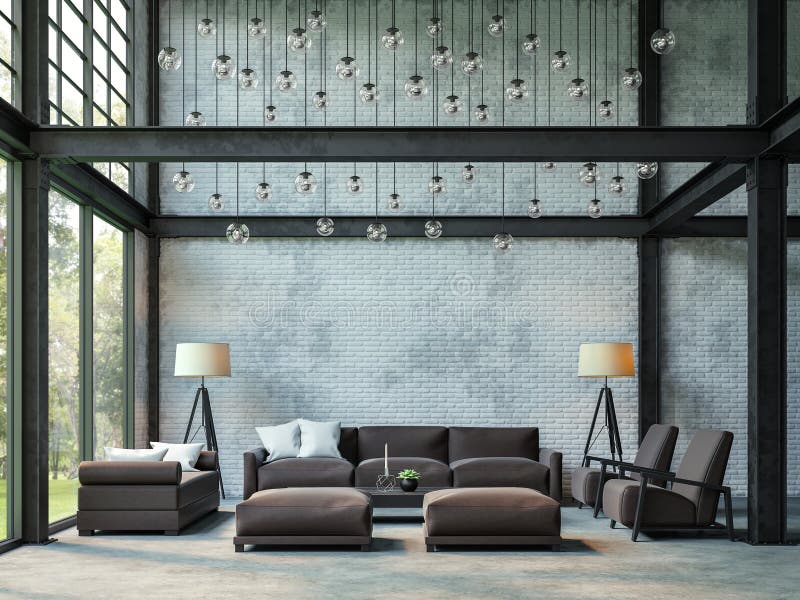 Loft pokoju 3d renderingu stylowy żywy wizerunek ilustracji