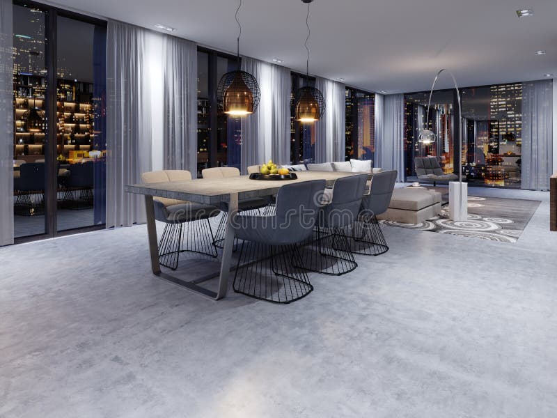 Loftstyle Dining Room with Large Table and Solid Concrete Worktop, Six
