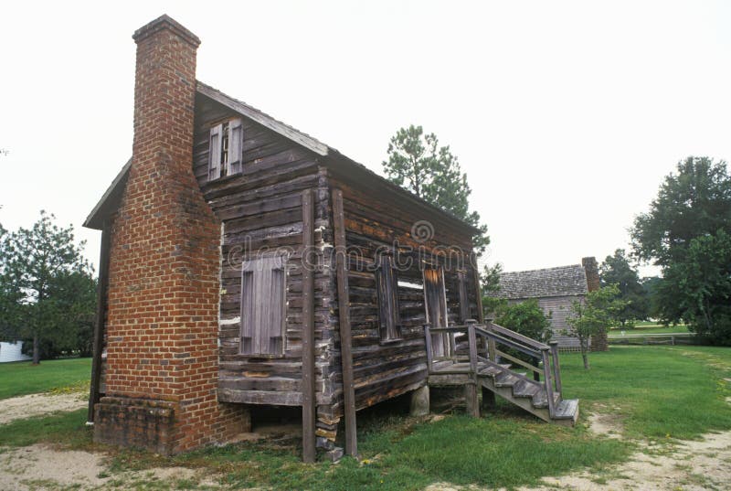 Log cabin with fireplace in historic Camden, SC stock photography