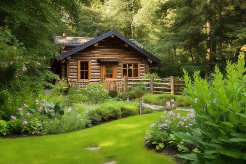 Log Cabin with Garden and Deck, Surrounded by Lush Greenery Stock