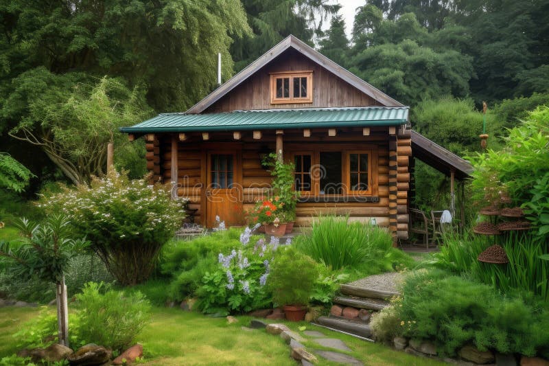 Log Cabin with Garden and Deck, Surrounded by Lush Greenery Stock Image