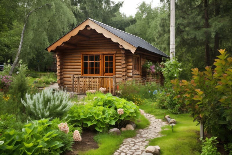 Log Cabin with Garden and Deck, Surrounded by Lush Greenery Stock