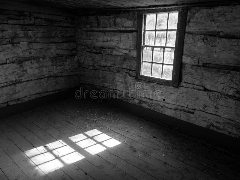 Log Cabin Interior, Window and Sun Pattern on Floor B&W