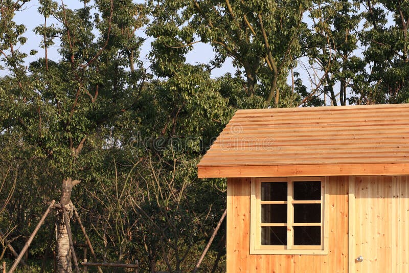 Log cabin by trees