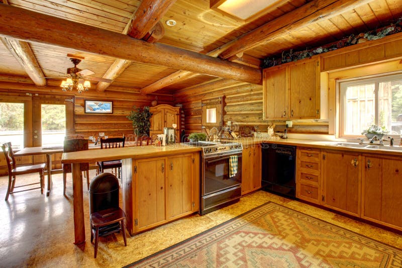 Log cabin wood kitchen with rustic style. royalty free stock images