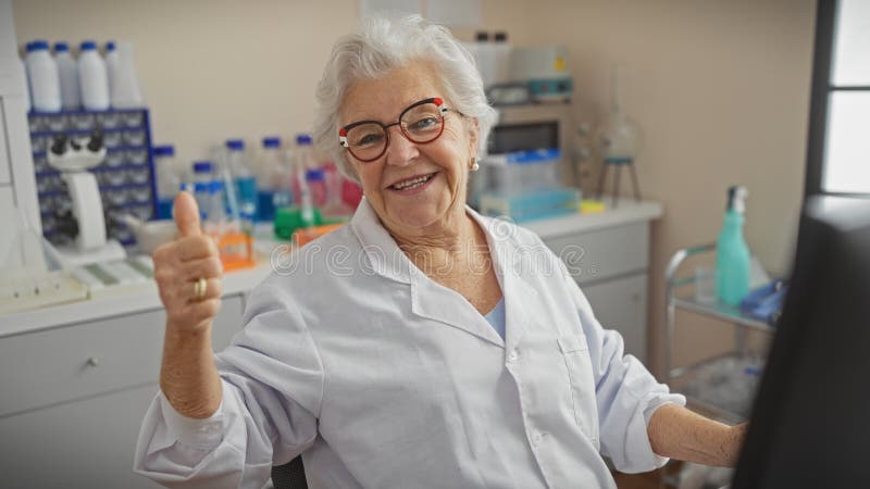 Log en erfaren kvinnlig forskare som ger upp tummen i en laboratoriemiljö arkivbild