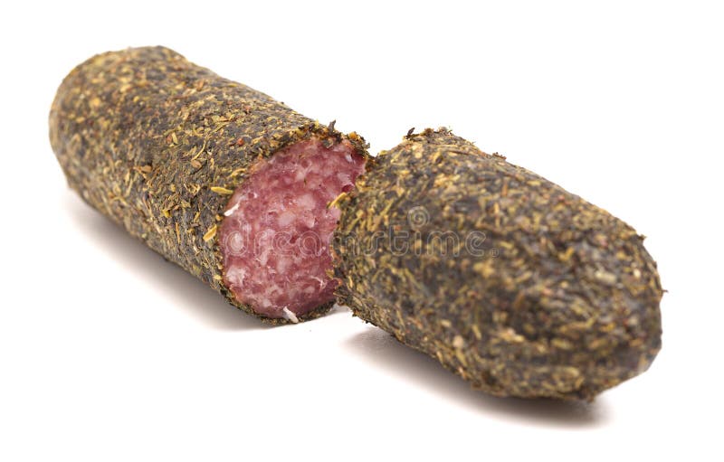Log of Salami Coated in Herbs and Isolated on a White Background Stock