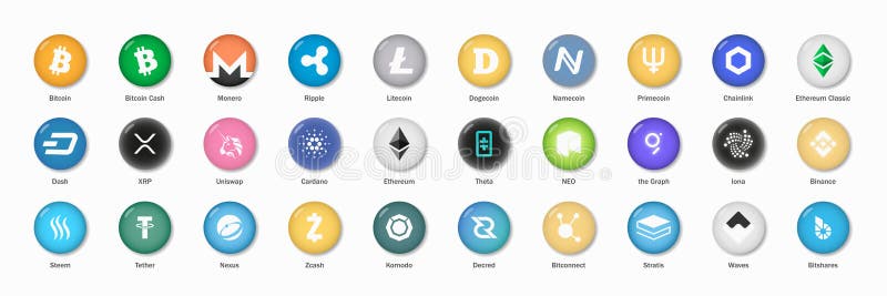 Loghi di criptocurrenza bitcoin moneta binance etero cardano xrp tether litecoin ecc.. icone 3d realistiche. lucido royalty illustrazione gratis