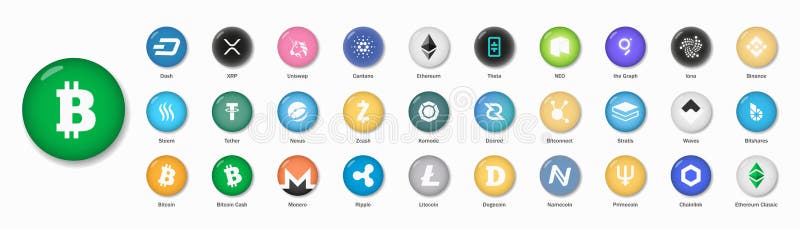 Loghi di criptocurrenza bitcoin moneta binance etero cardano xrp tether litecoin ecc.. icone 3d realistiche. lucido royalty illustrazione gratis