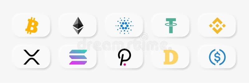 Loghi di criptocurrenze bitcoin etereo cardano tether binance moneta xrp solana polkadot dogecoin usato moneta. realistico illustrazione di stock