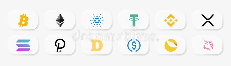 Loghi di crittocurini bitcoin etherum cardano tether binance moneta xrp solana polkadot dogecoin usato moneta monta terra royalty illustrazione gratis